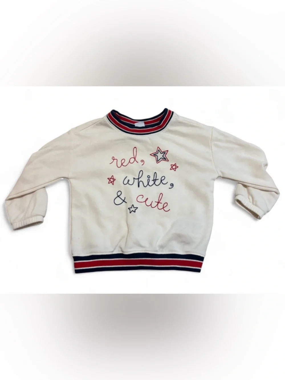 Old Navy Cream Toddler Sweatshirt with Red & Blue Trim and Patriotic Embroidery